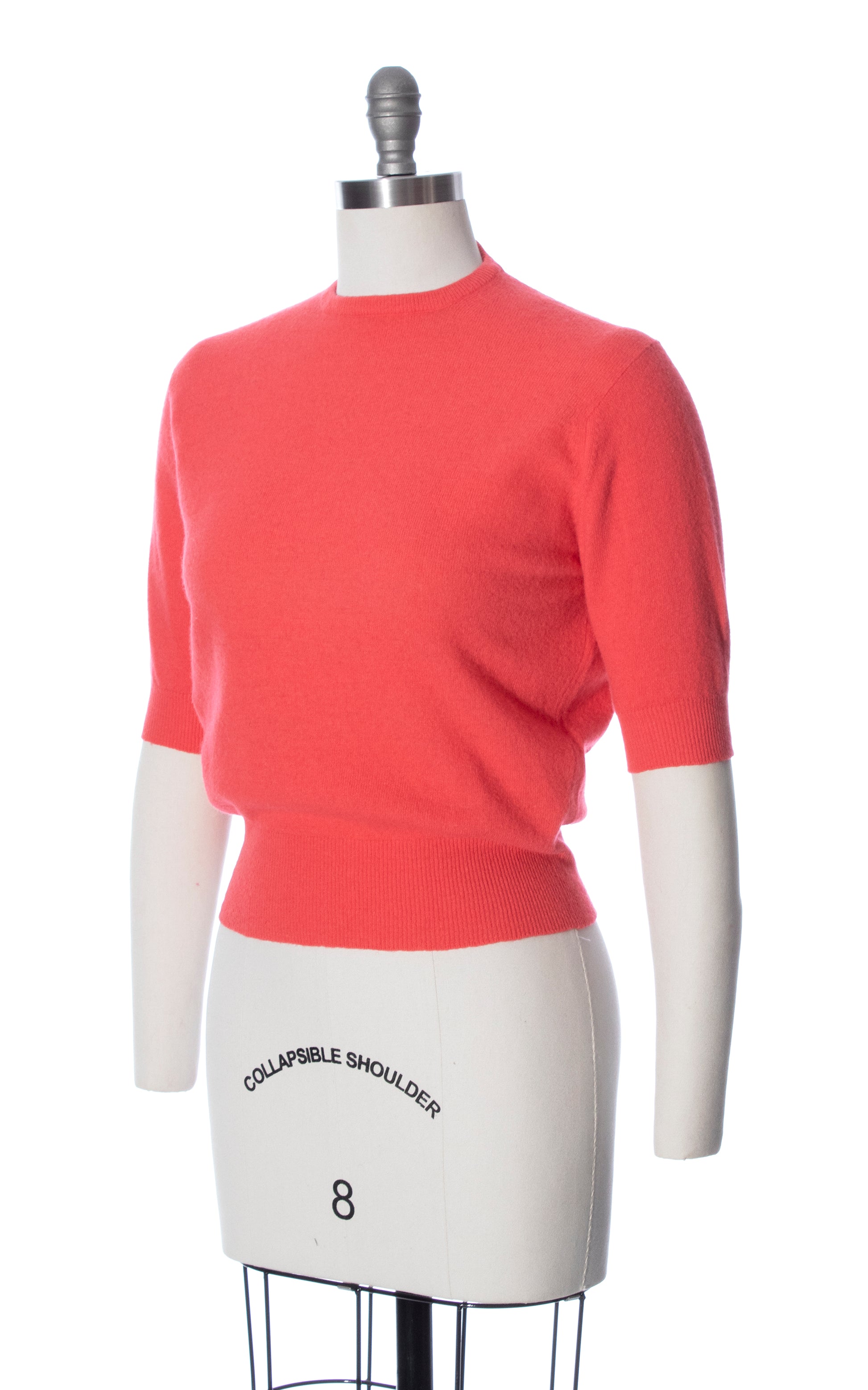 Vintage 40s 50s 1940s 1950s Hot Salmon Pink Knit Wool Short Sleeve Sweater Top Birthday Life Vintage