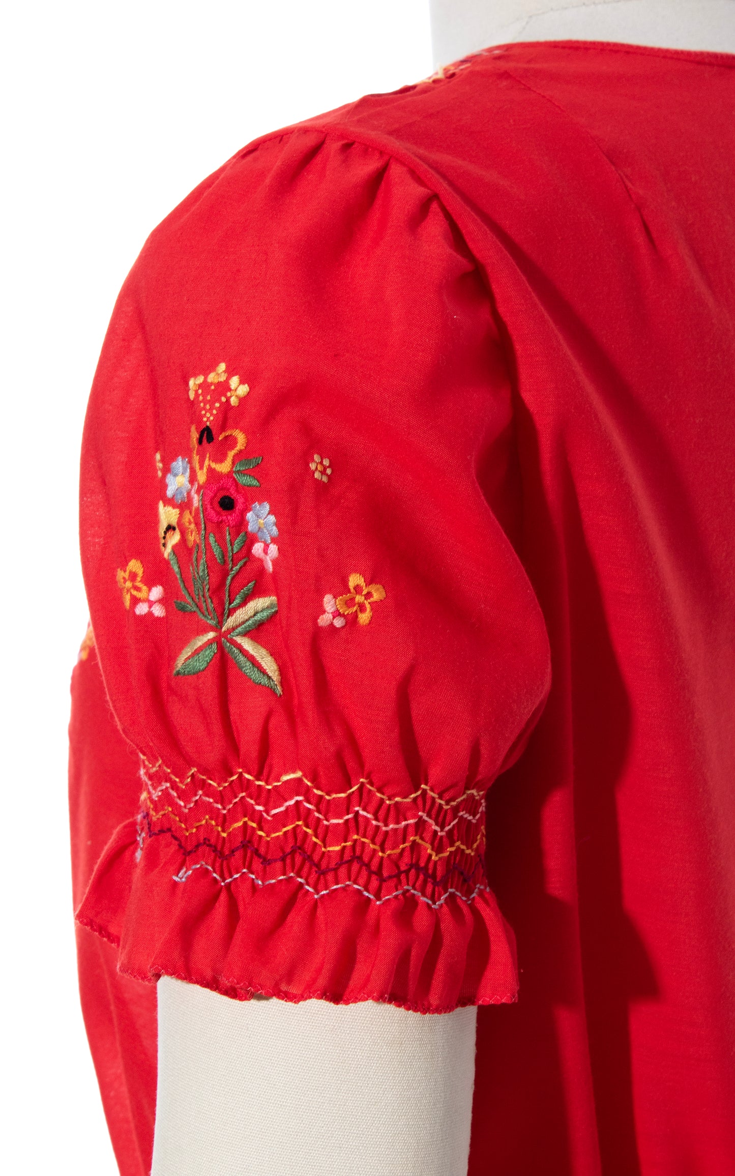 Vintage 70s 1970s Floral Embroidered Red Puff Sleeve Cropped Peasant Top BirthdayLifeVintage