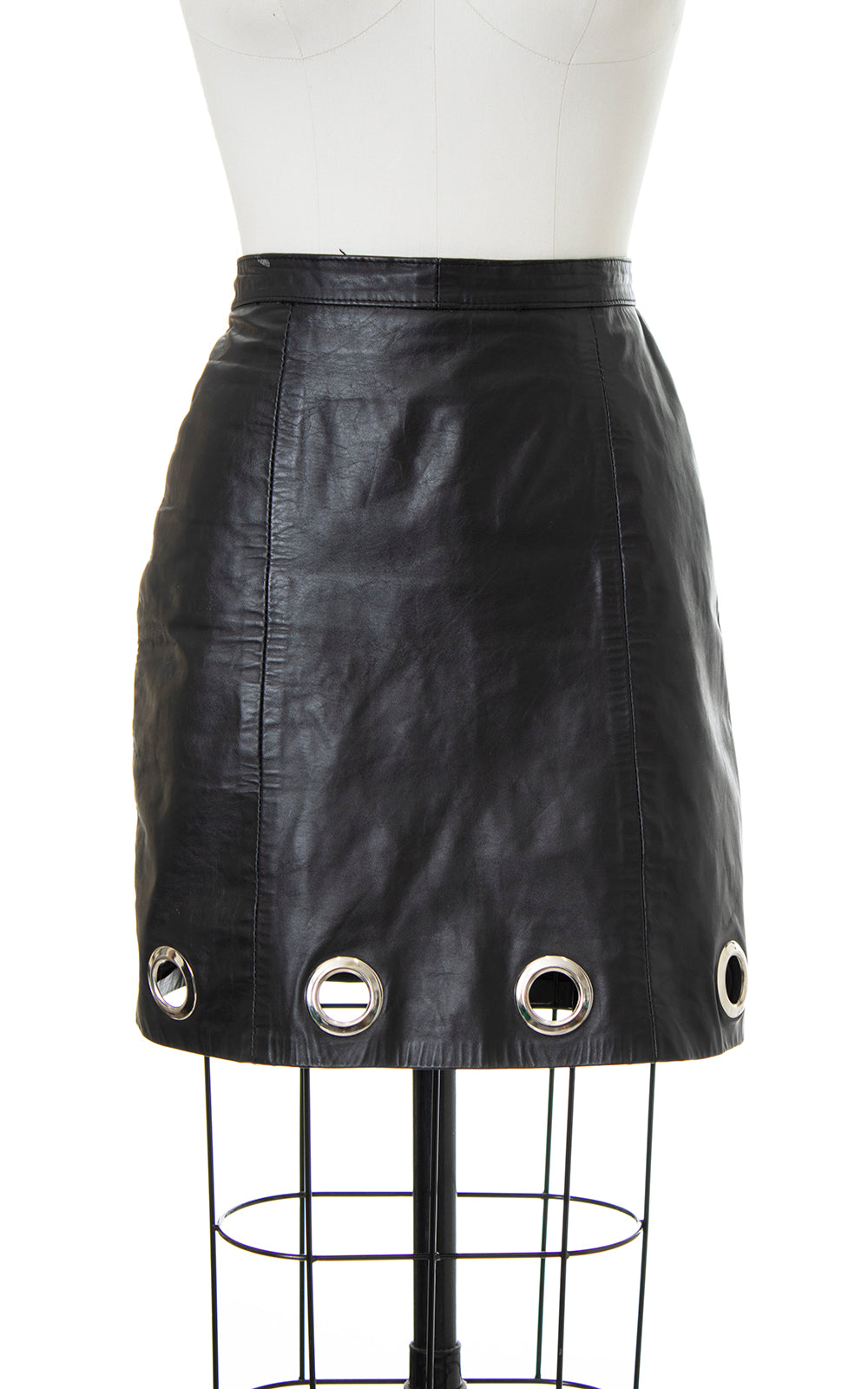 Vintage 1980s Black Leather Mini Skirt with Grommets by Birthday Life Vintage