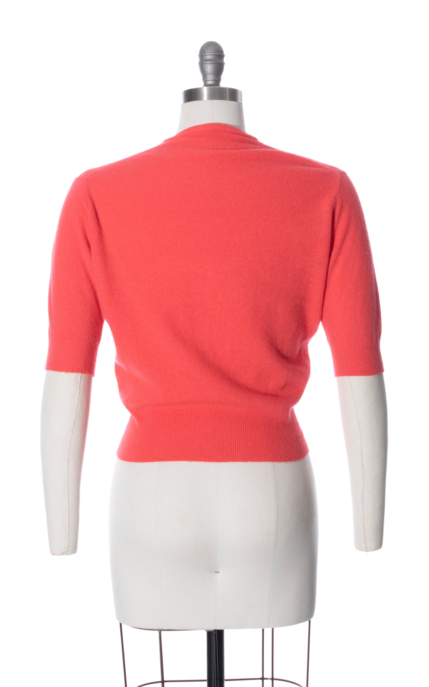 Vintage 40s 50s 1940s 1950s Hot Salmon Pink Knit Wool Short Sleeve Sweater Top Birthday Life Vintage