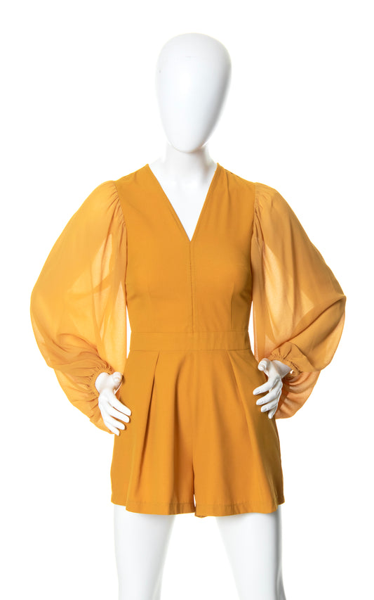 Vintage 1960s 60s Style Golden Mustard Yellow Chiffon Balloon Sleeve Romper Shorts BirthdayLifeVintage