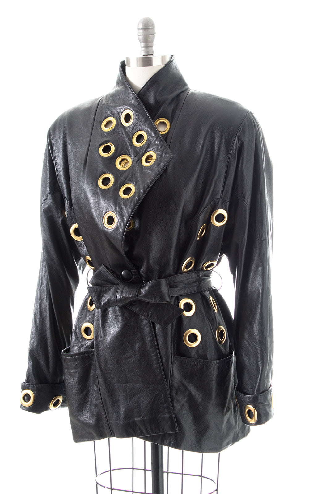 1980s 1990s Gold Grommet & Black Leather Belted Jacket