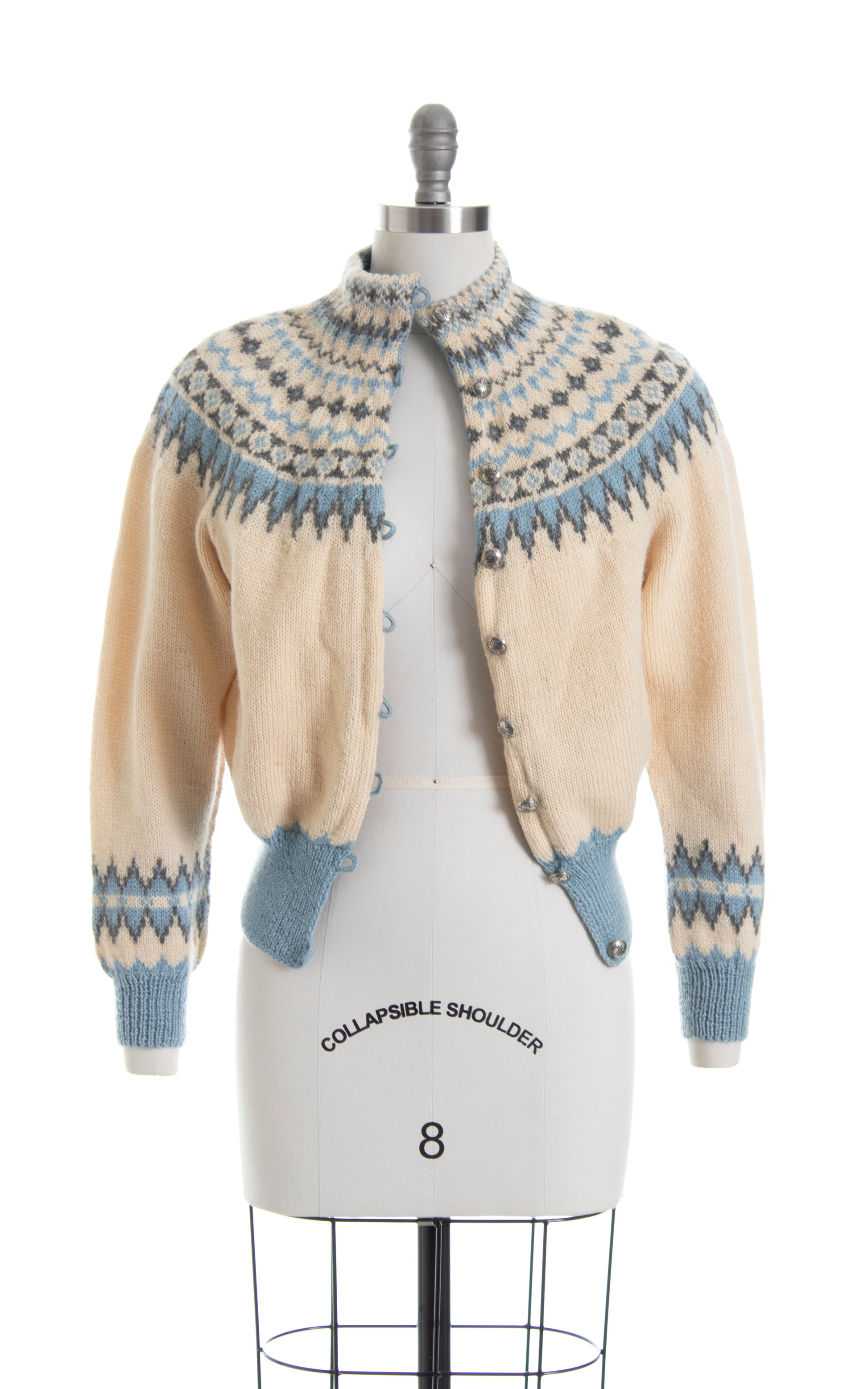 Vintage 1950s 50s Fair Isle Nordic Scandinavian Geometric Knit Wool Cardigan Birthday Life Vintage