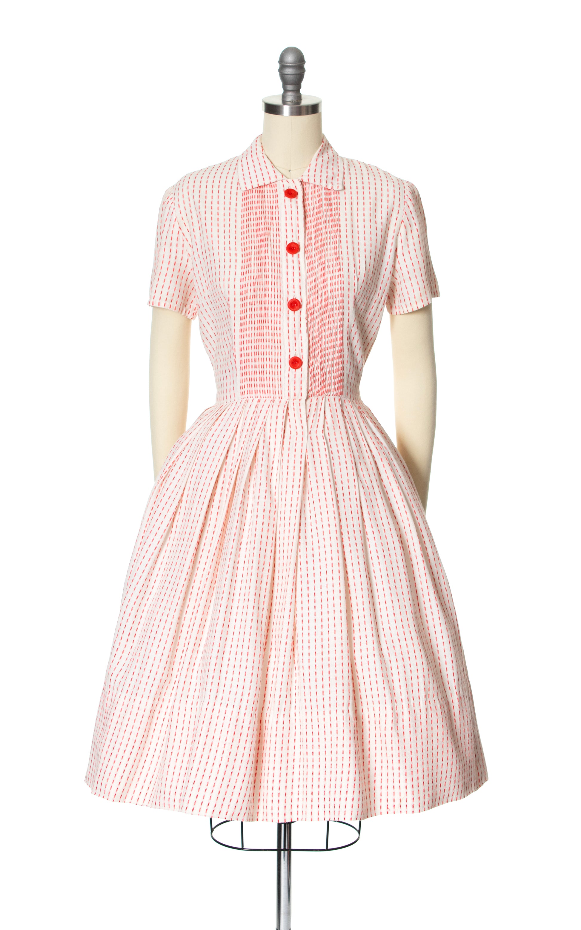 1950s Red Striped Cotton Shirtwaist Dress 1950s Red Striped Cotton Shirtwaist Dress