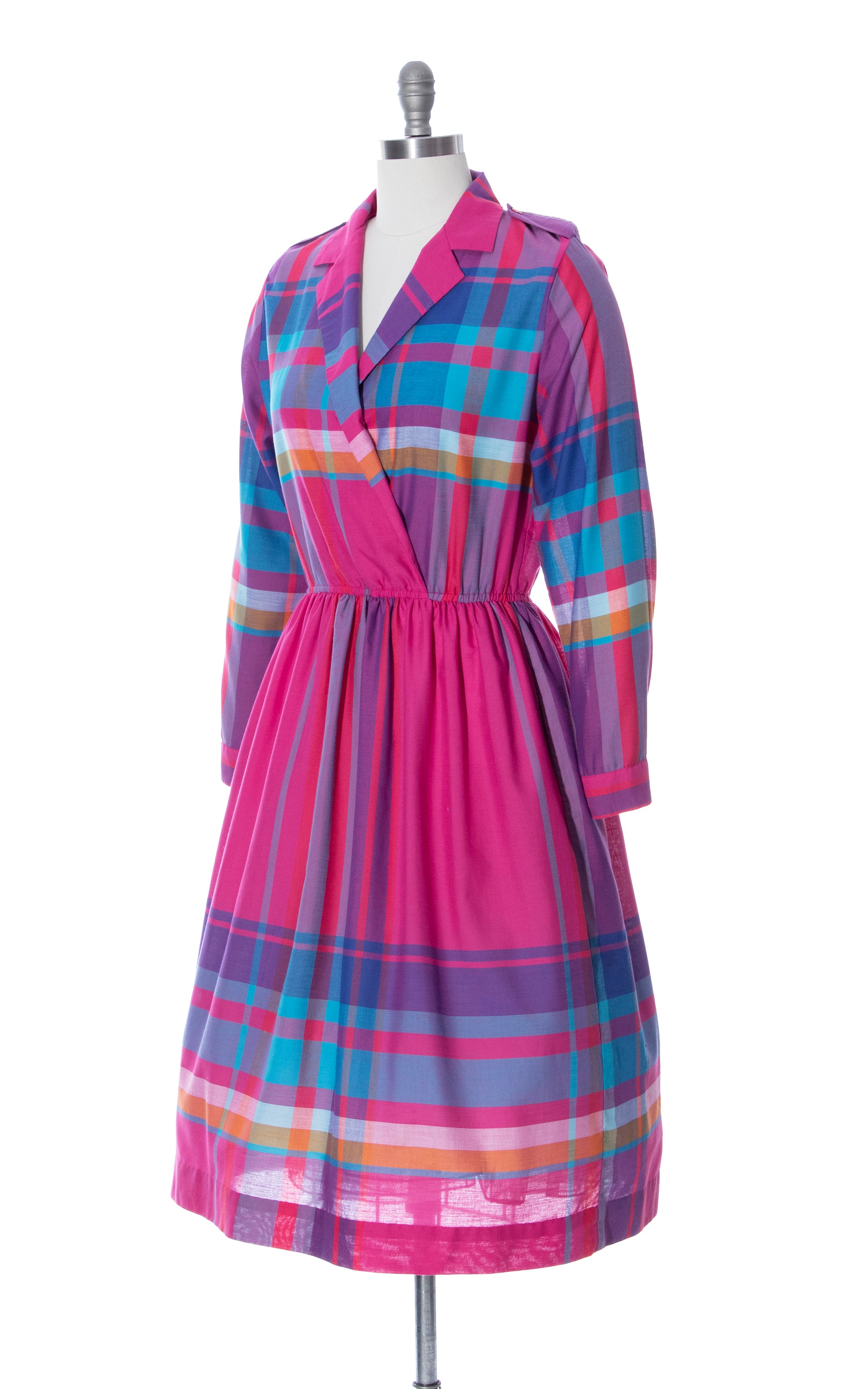 1980s Pink Plaid Day Dress | small/medium 1980s Pink Plaid Day Dress | small/medium