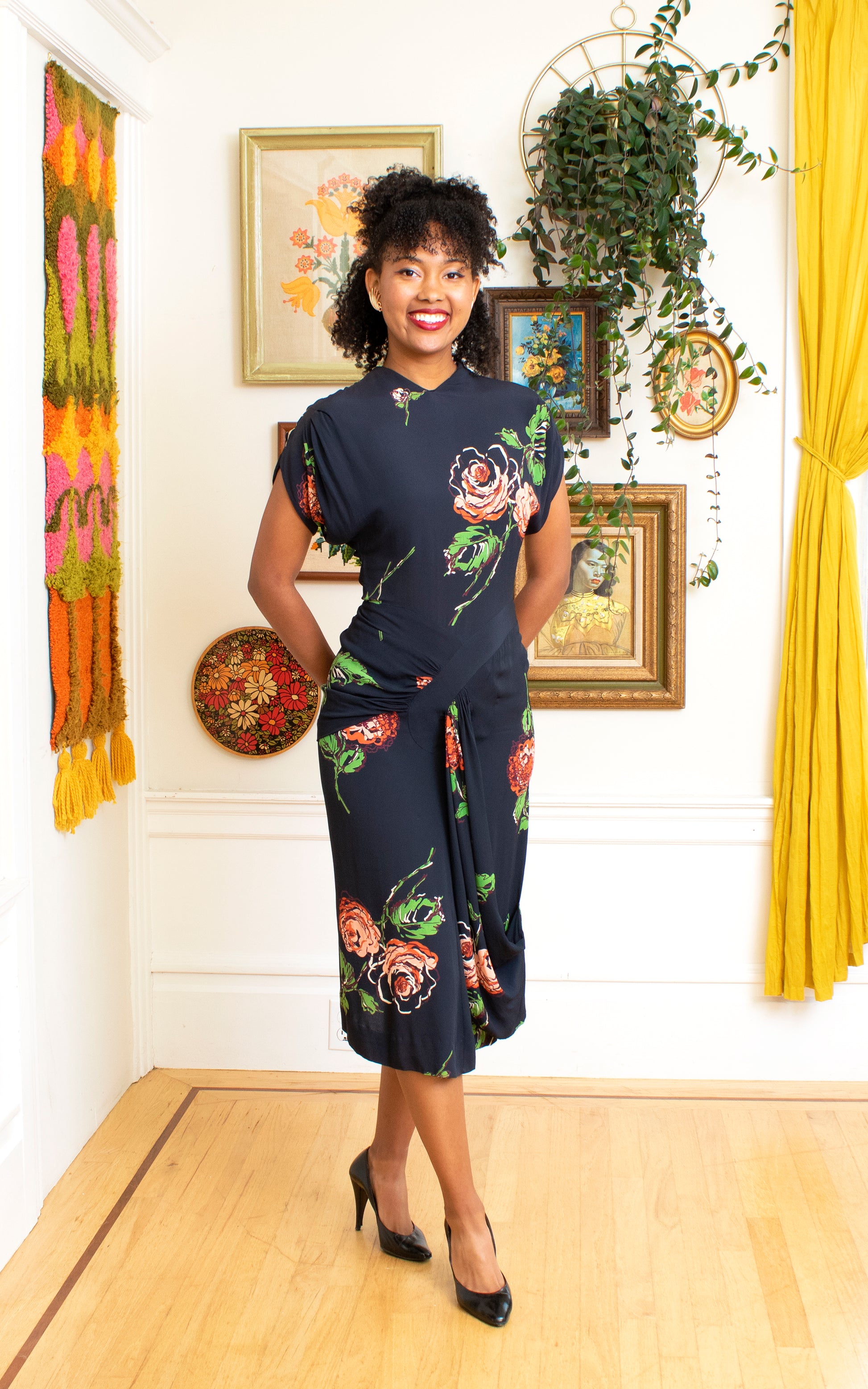 1940s DOROTHY O'HARA Floral Rayon Crepe Draped Dress | x-small Birthday Life Vintage 1940s DOROTHY O'HARA Floral Rayon Crepe Draped Dress | x-small Birthday Life Vintage