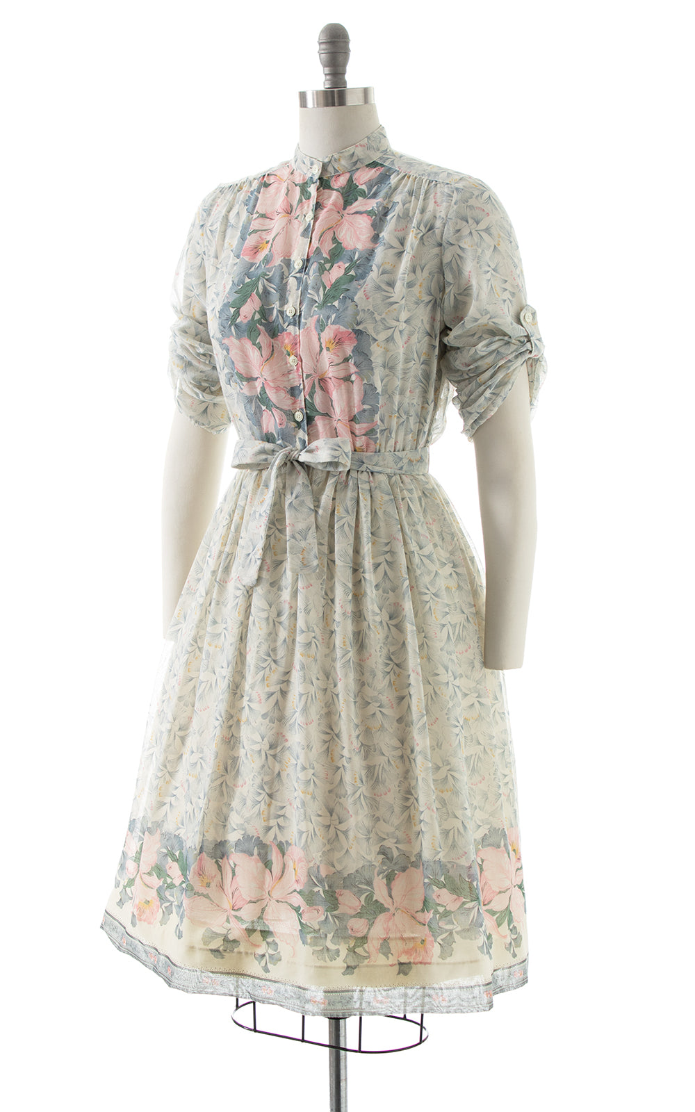 1970s Floral Border Print Shirtwaist Dress | small/medium