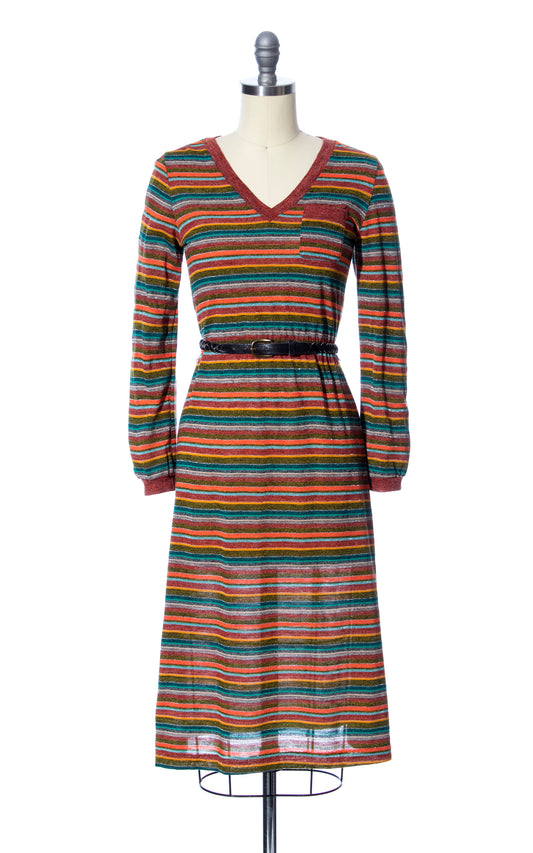 Vintage 80s 1970s Metallic Striped Jersey Knit Sweater Dress Birthday Life Vintage