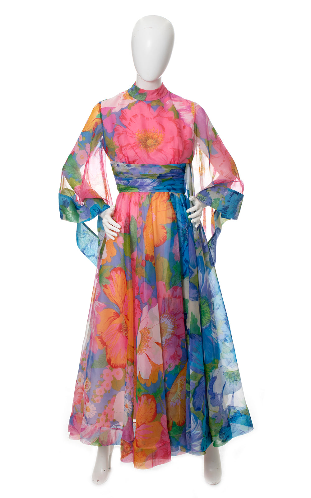 1960s 1970s Incredible Floral Chiffon Angel Sleeve Maxi Dress | small