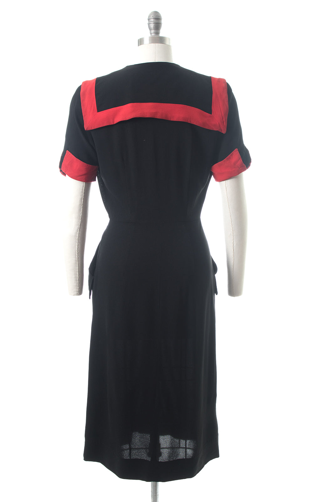 1940s Red Striped Sailor Collar Black Rayon Shirtwaist Dress