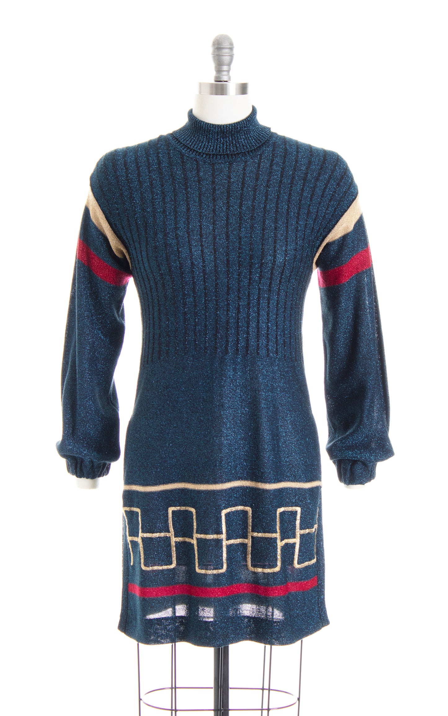 Vintage 1970s 70s WENJILLI Metallic Knit Blue Tunic Sweater Dress Birthday Life Vintage