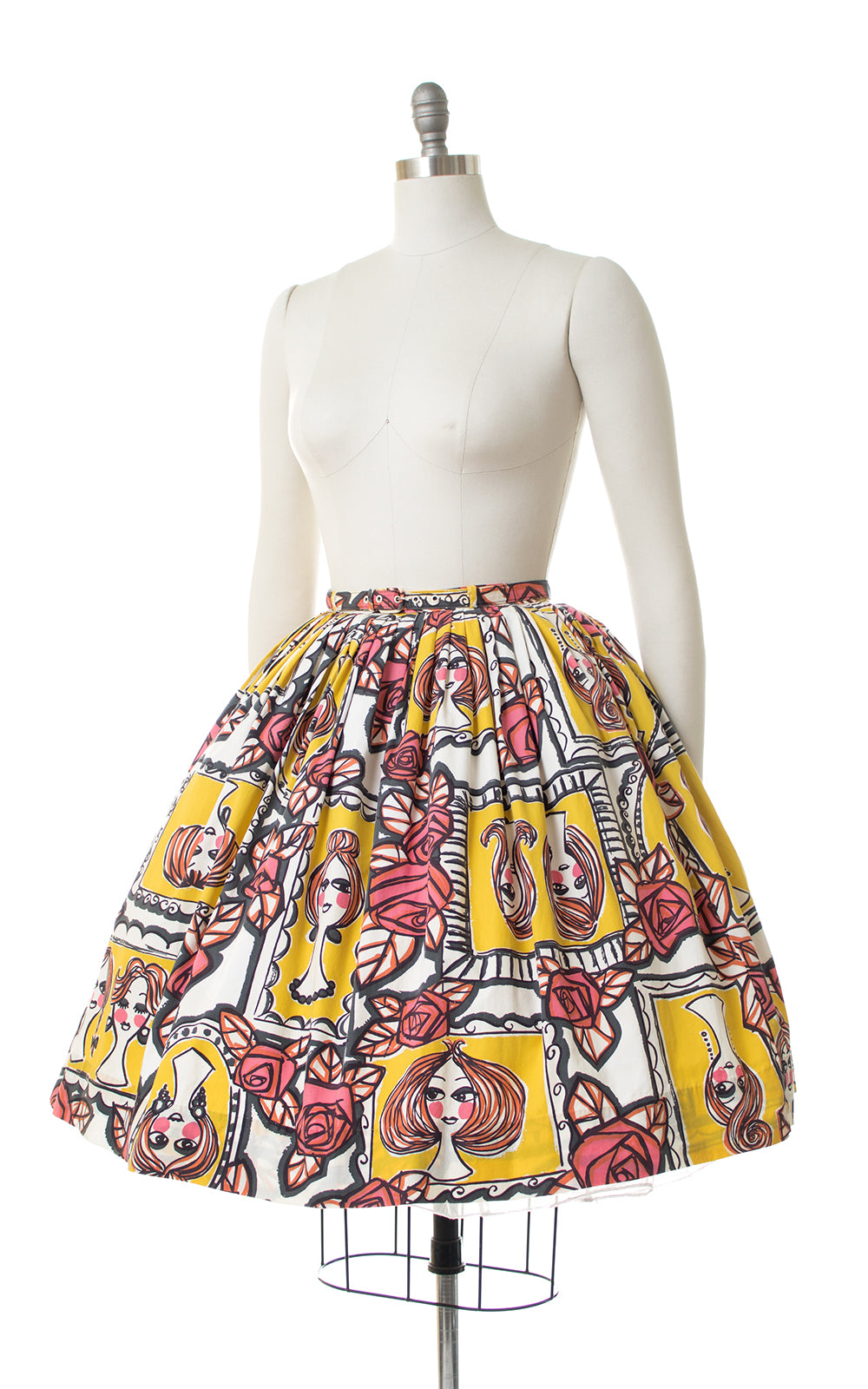 1960s Lady Faces & Roses Novelty Print Skirt