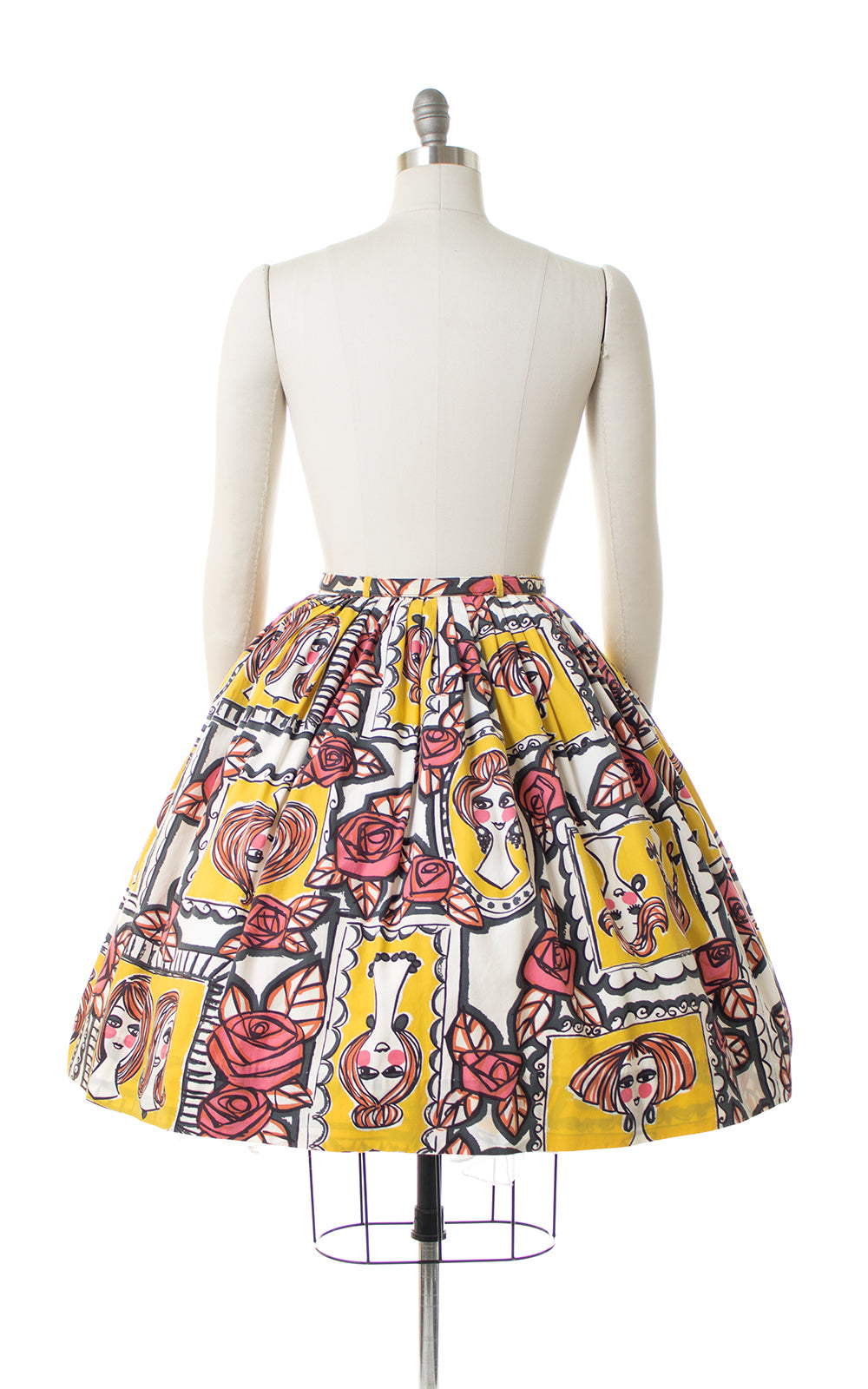 1960s Lady Faces & Roses Novelty Print Skirt