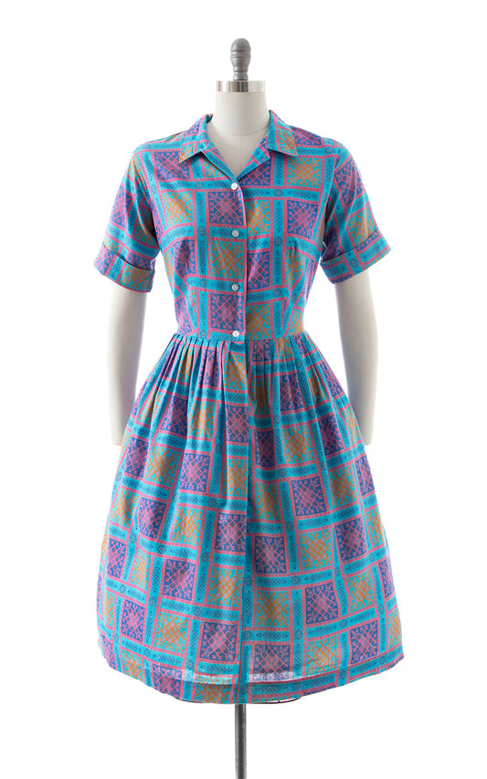 1960s Geometric Cotton Shirt Dress | medium