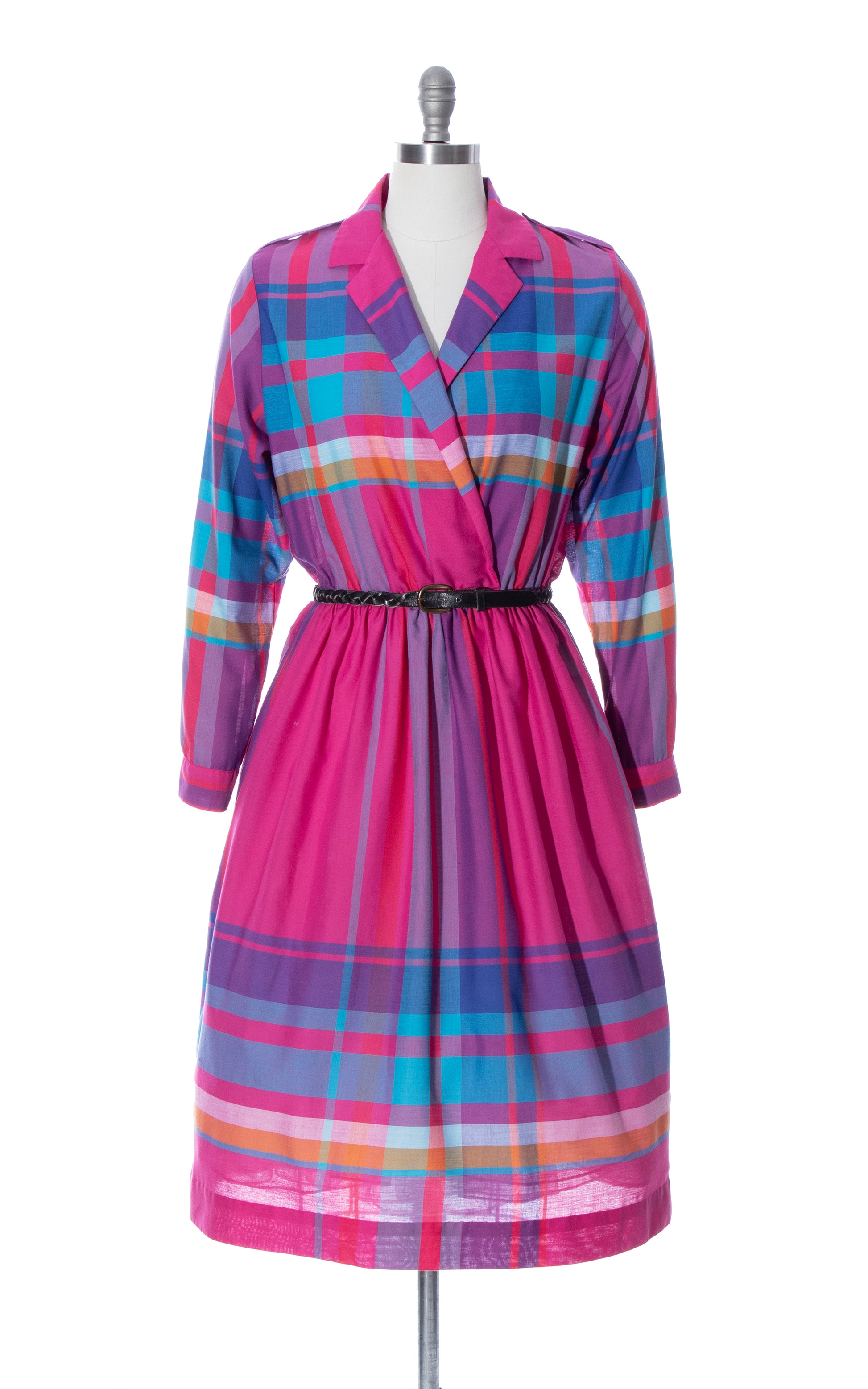 Vintage 80s 1980s does 1950s Style Pink Blue Plaid Cotton Day Dress Birthday Life Vintage