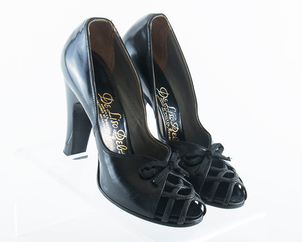 1940s Black Leather Cage Toe Babydoll Heels | size 6