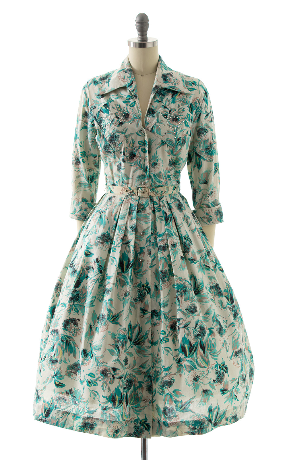 1950s Rhinestone Floral Cotton Shirtwaist Dress
