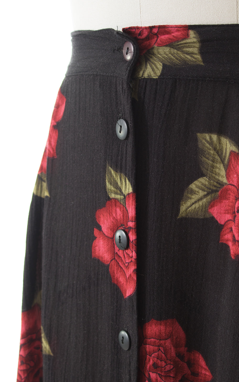 1990s Red Rose Button Up Midi Skirt BirthdayLifeVintage