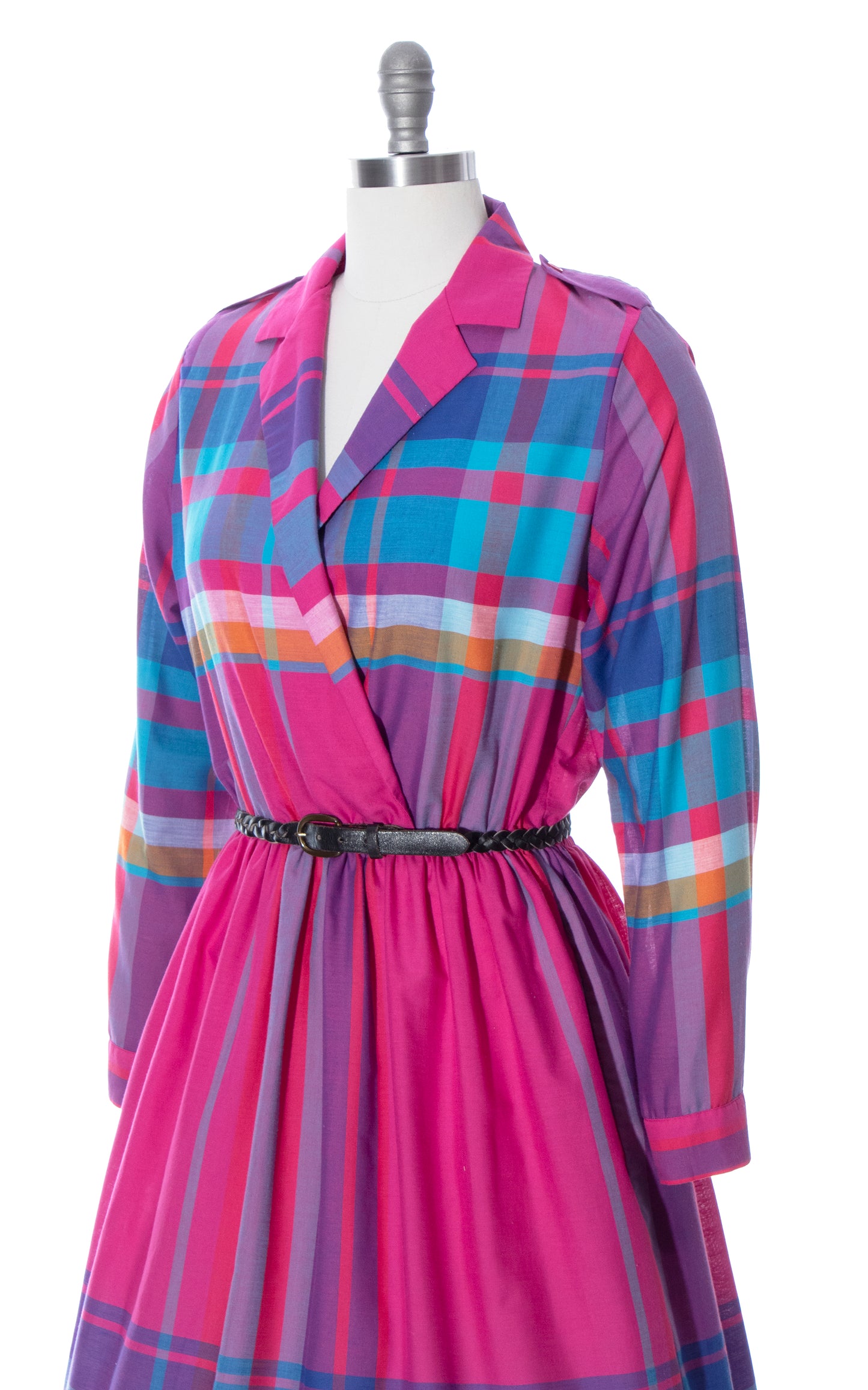 Vintage 80s 1980s does 1950s Style Pink Blue Plaid Cotton Day Dress Birthday Life Vintage