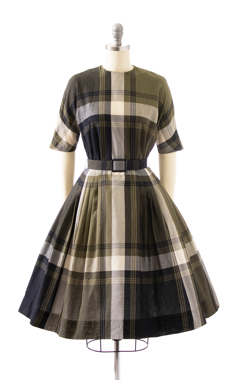 1950s 1960s Green Plaid Day Dress | x-small