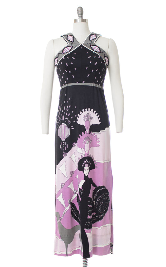 1960s Paganne Erte Art Deco Novelty Print Jersey Dress