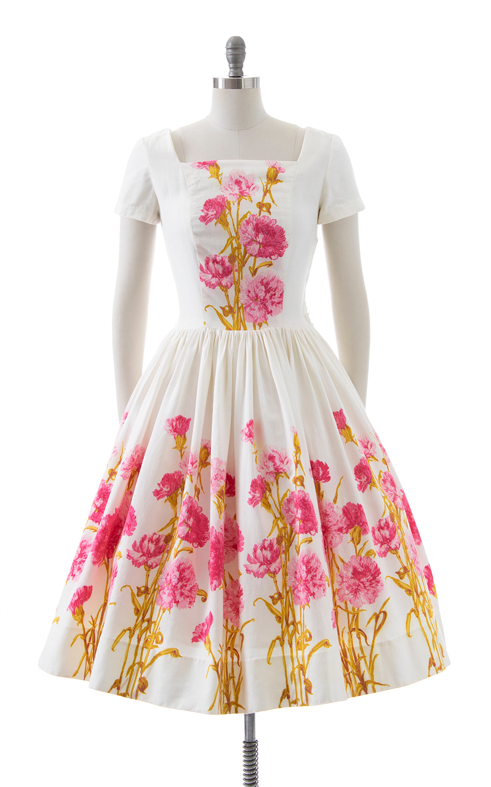 1950s Carnations Border Print Cotton Dress | medium