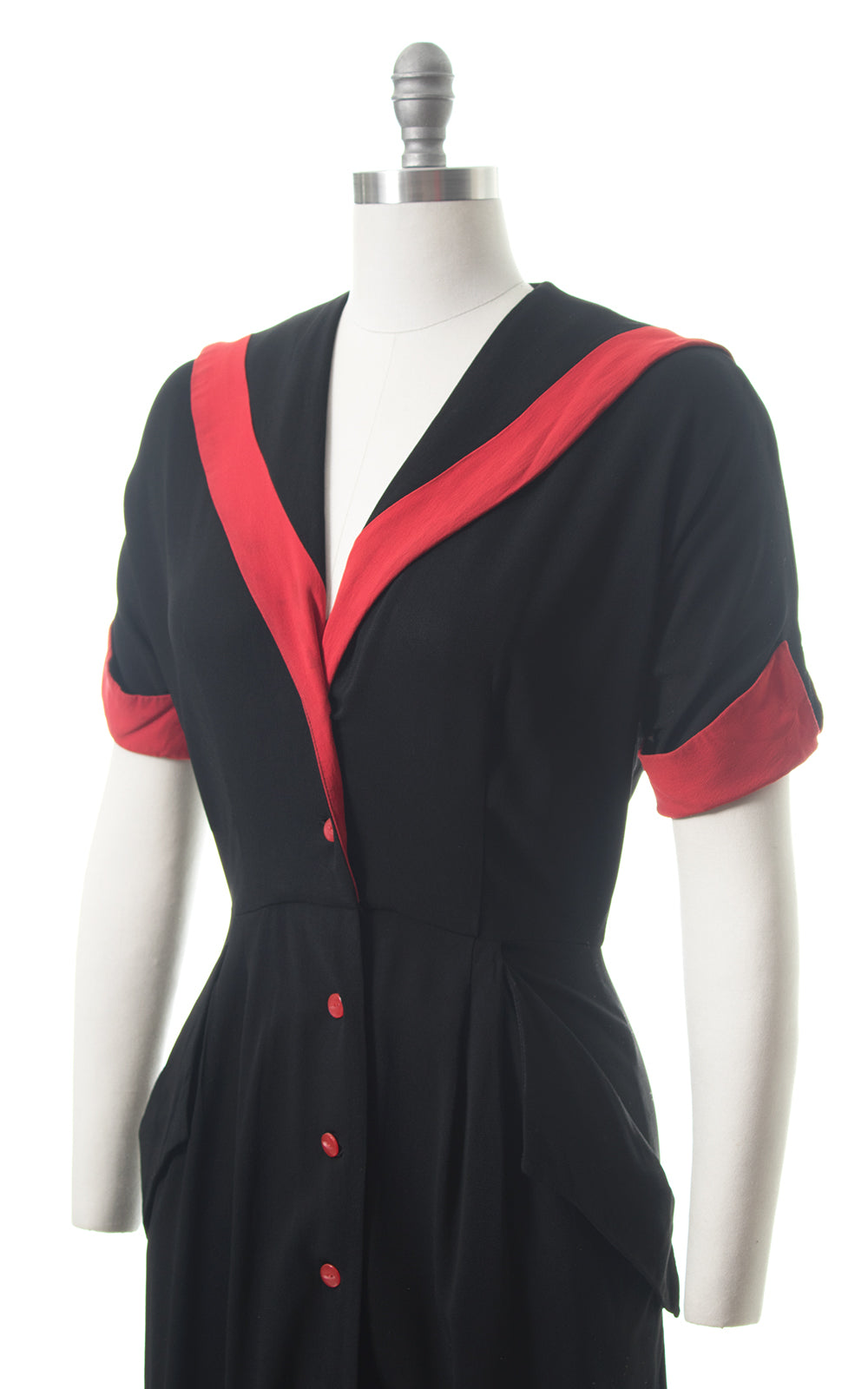 1940s Red Striped Sailor Collar Black Rayon Shirtwaist Dress