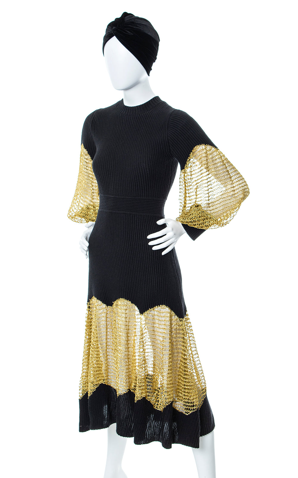 Modern 1930s 30s Art Deco Inspired Metallic Gold & Black Knit Dress Birthday Life Vintage
