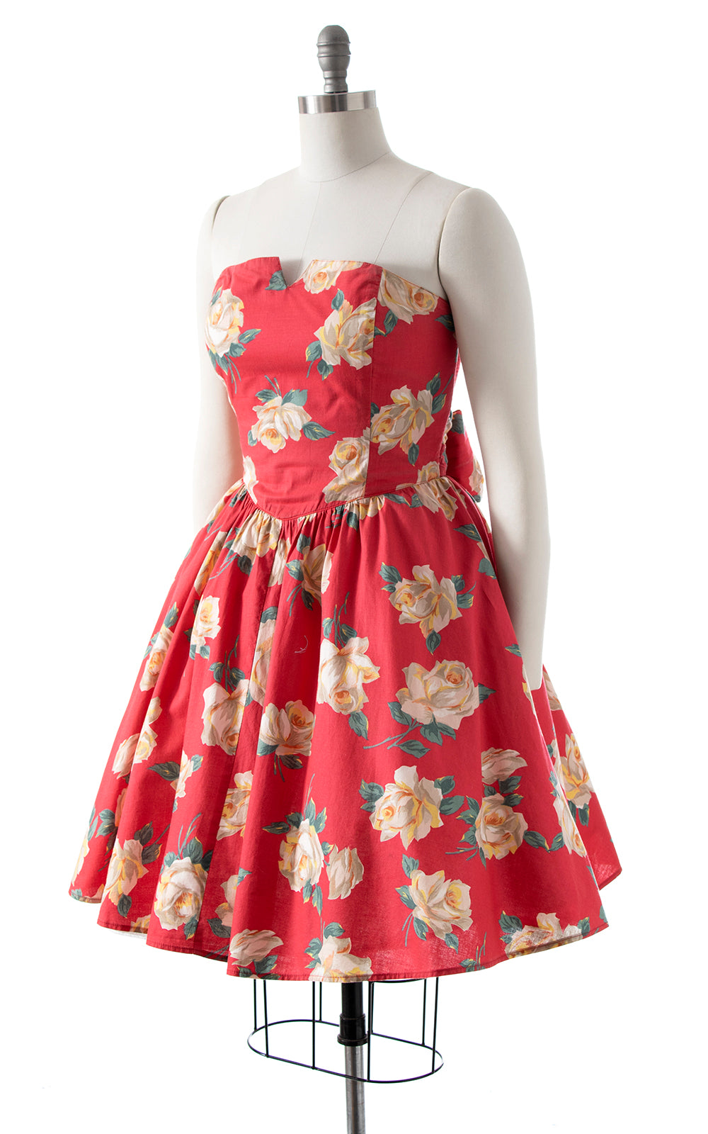 1980s Rose Smocked Strapless Circle Skirt Sundress | small/medium