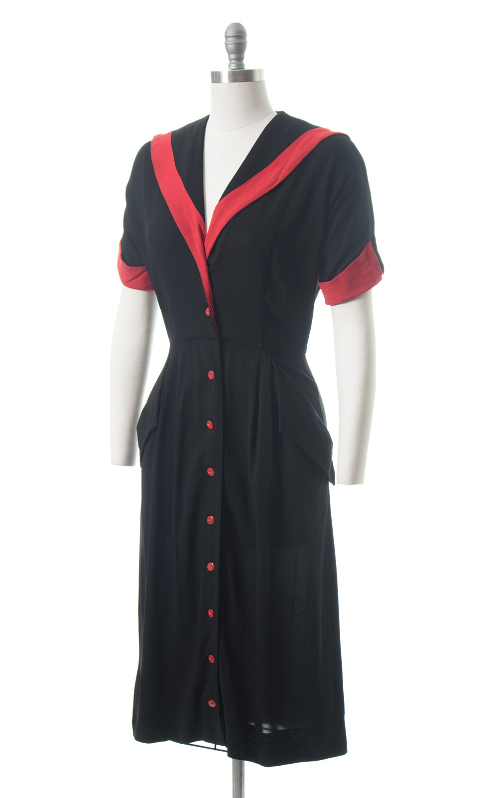 1940s Red Striped Sailor Collar Black Rayon Shirtwaist Dress