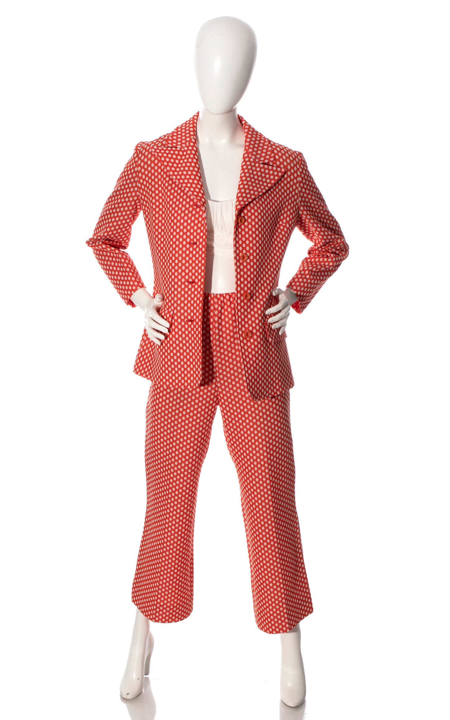Vintage 70s 1970s Red Polka Dot Polyester Jacket Pant Suit Birthday Life Vintage
