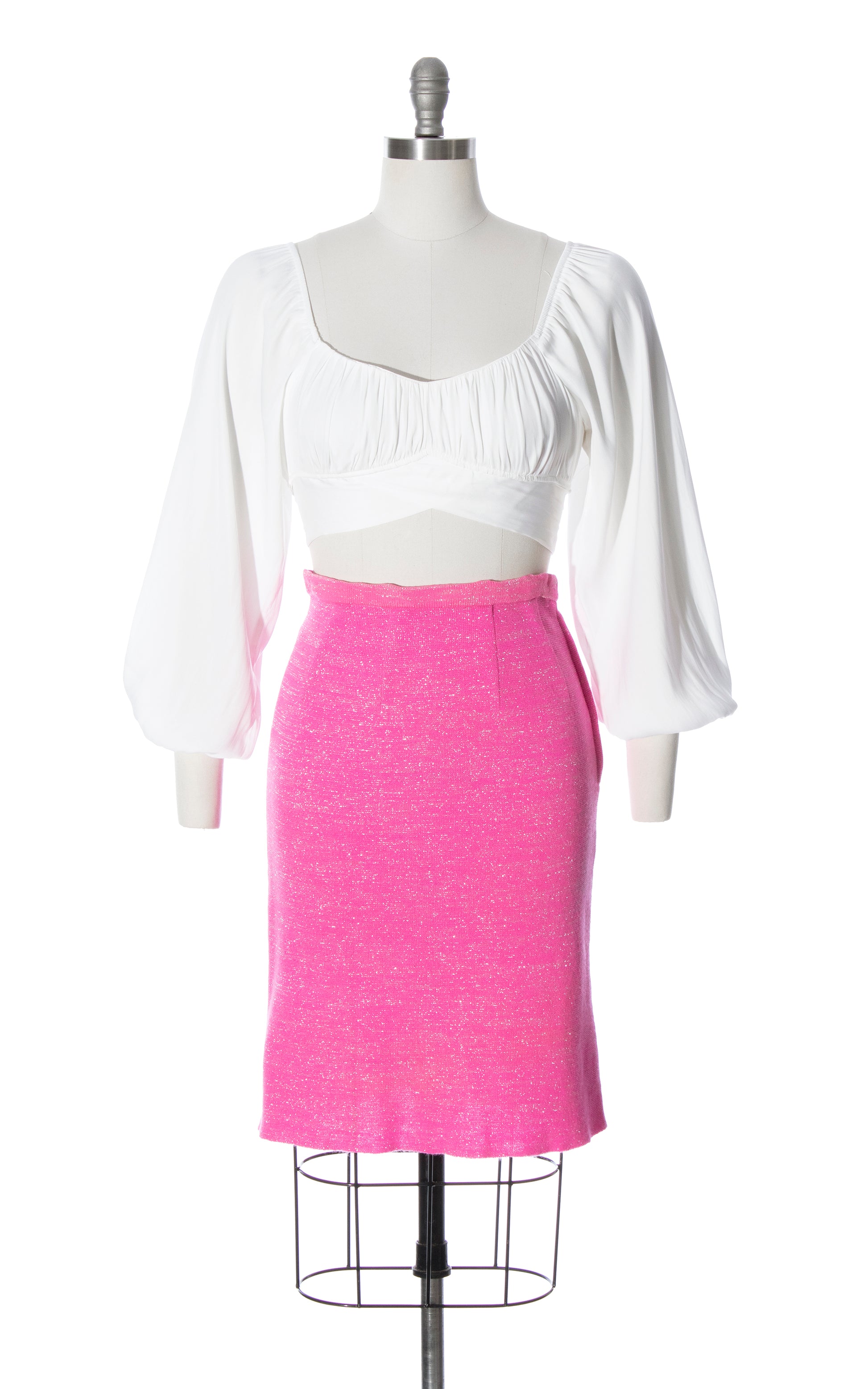 Vintage 60s 1960s Metallic Neon Pink Knit High Waisted Pencil Skirt Birthday Life Vintage