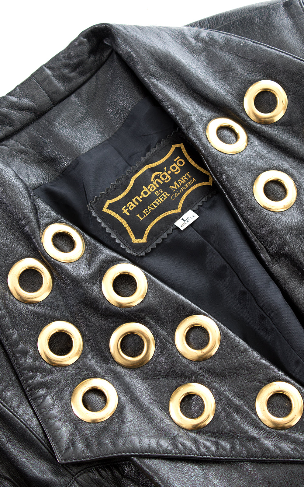 1980s 1990s Gold Grommet & Black Leather Belted Jacket