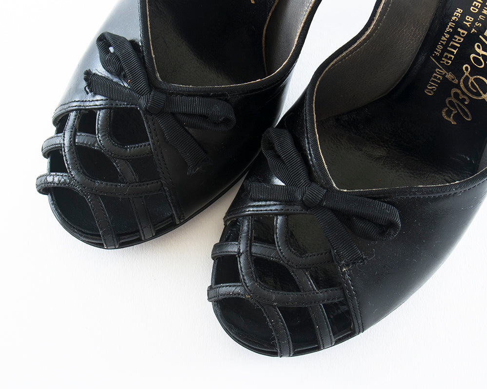 1940s Black Leather Cage Toe Babydoll Heels | size 6