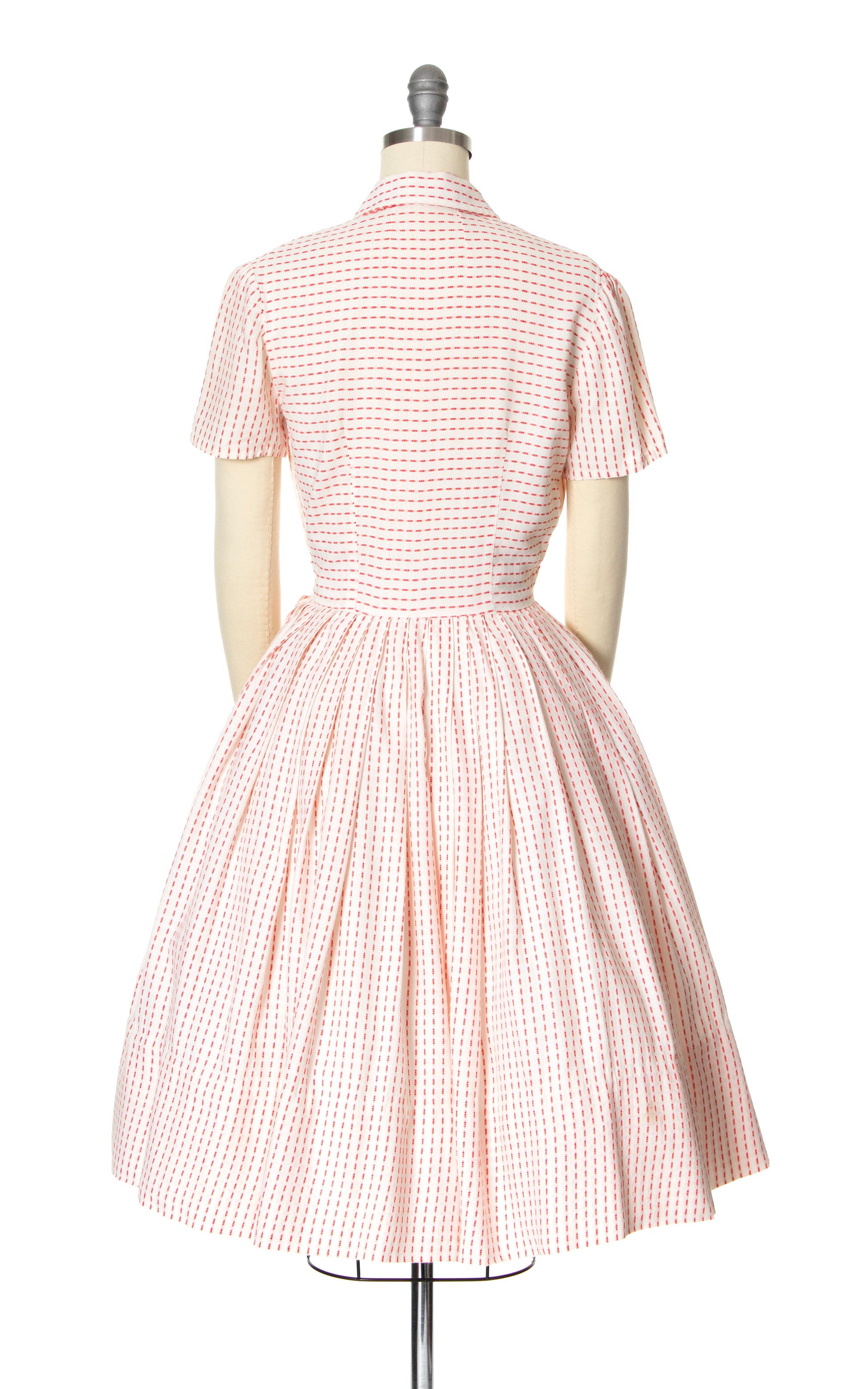 cotton shirtwaist dresses 1950s Red Striped Cotton Shirtwaist Dress