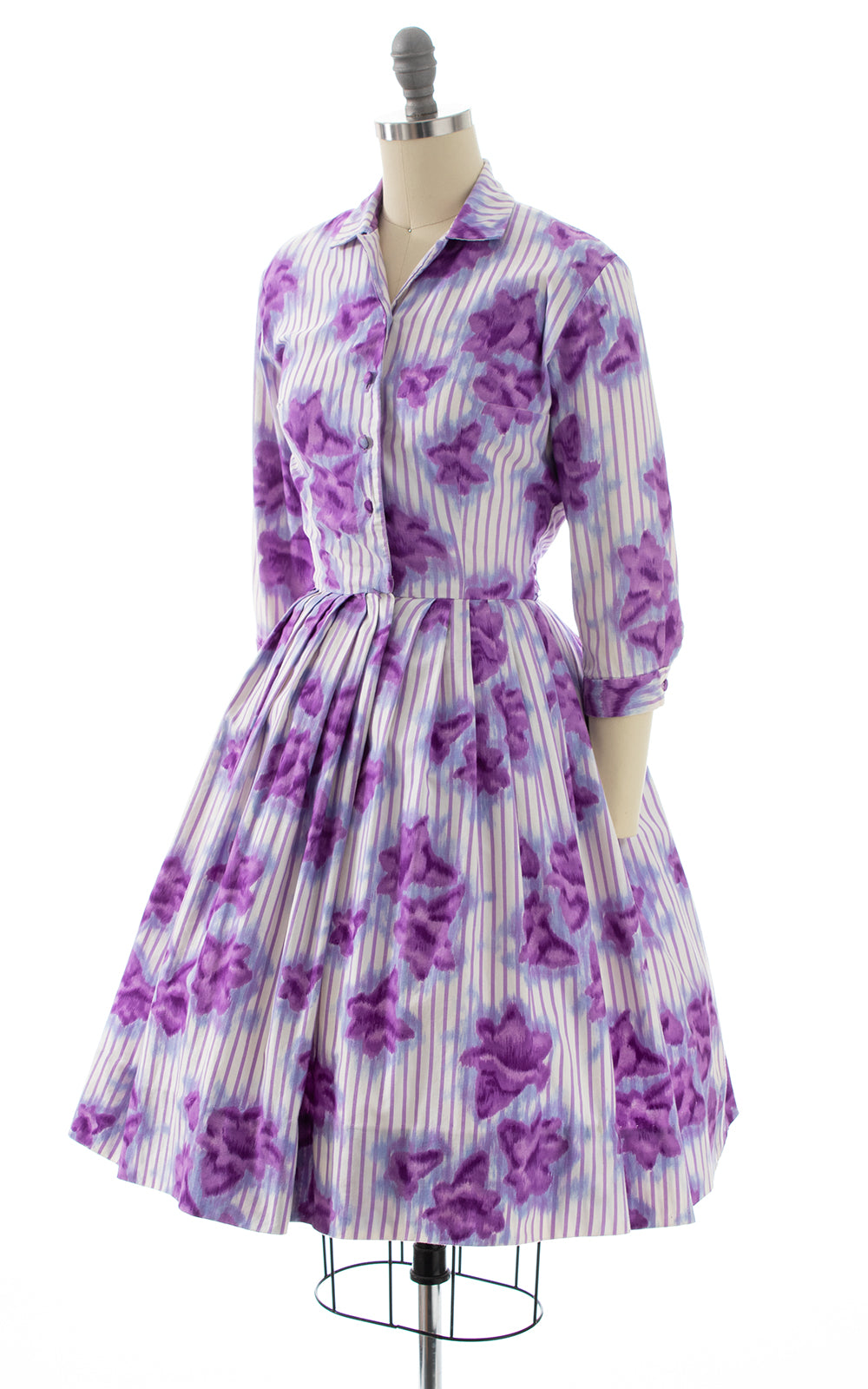 1950s Floral Striped Shirtwaist Dress | x-small