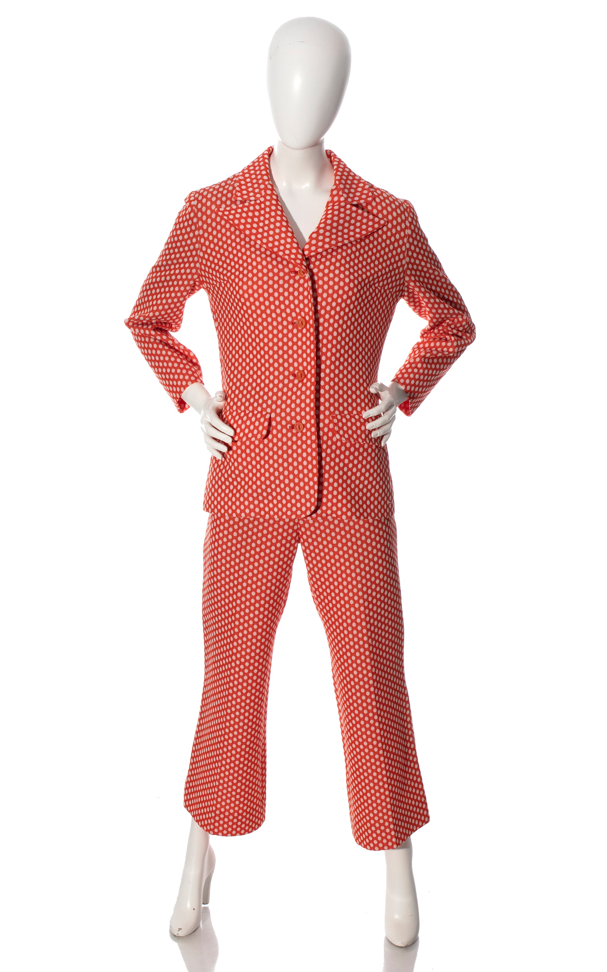 Vintage 70s 1970s Red Polka Dot Polyester Jacket Pant Suit Birthday Life Vintage