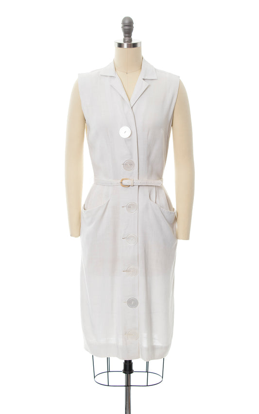 1960s White Linen Big Buttons Sundress with Pockets | small