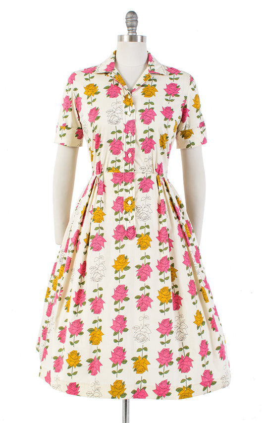 1950s Illustrated Rose Stems Cotton Shirtwaist Dress | medium