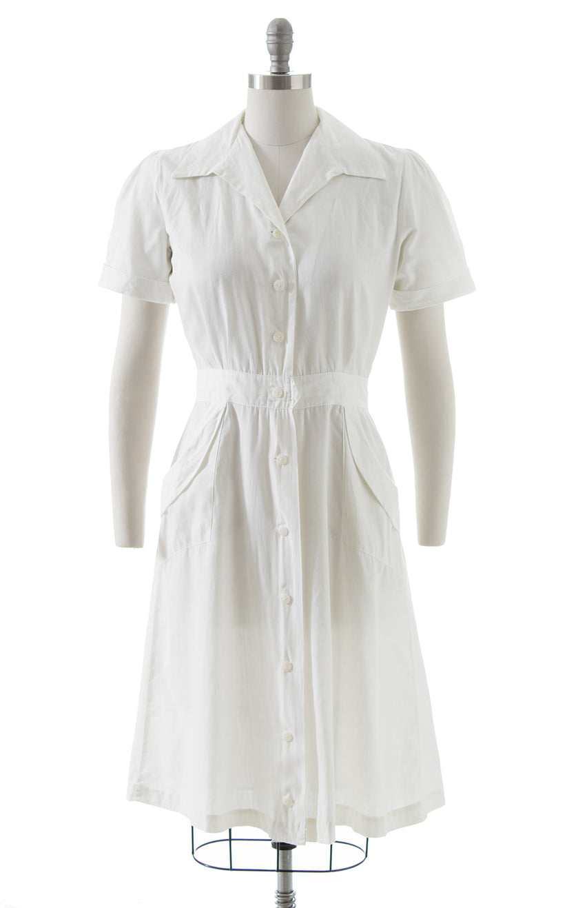 $65 DRESS SALE /// 1940s White Cotton Shirtwaist Dress