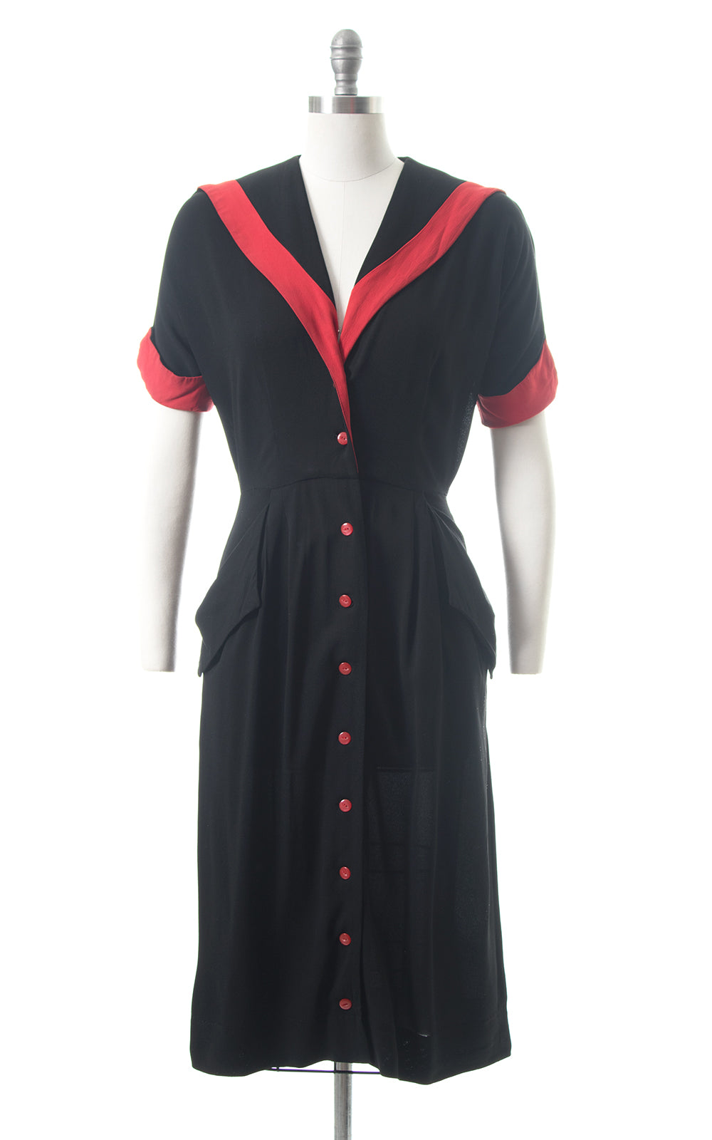 1940s Red Striped Sailor Collar Black Rayon Shirtwaist Dress