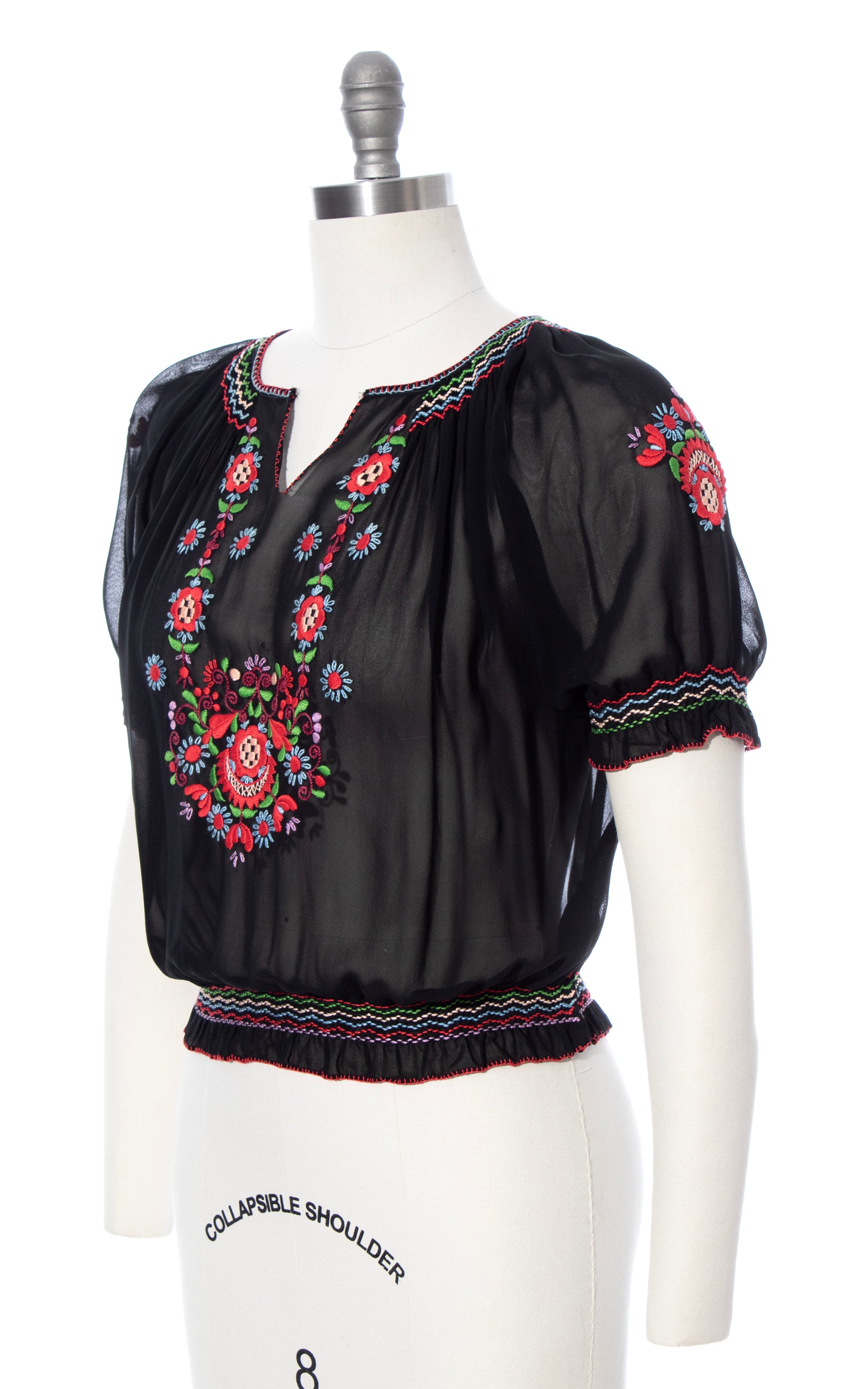 Vintage 40s 1940s Floral Embroidered Peasant Top Sheer Black Rayon Cropped Blouse BirthdayLifeVintage