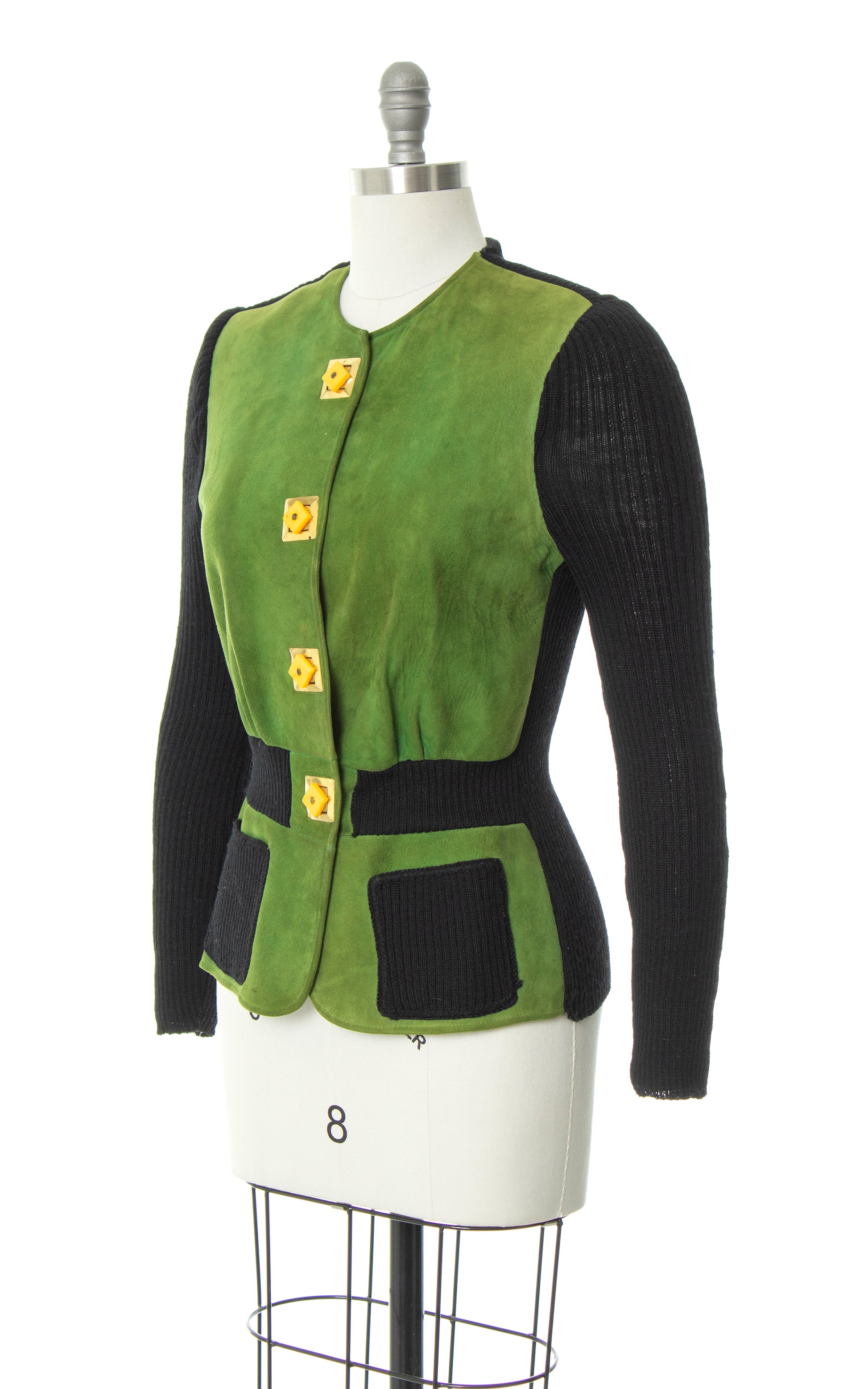 Vintage 1930s 30s SPORTIGAN Green Suede & Black Knit Wool Sweater Jacket Birthday Life Vintage