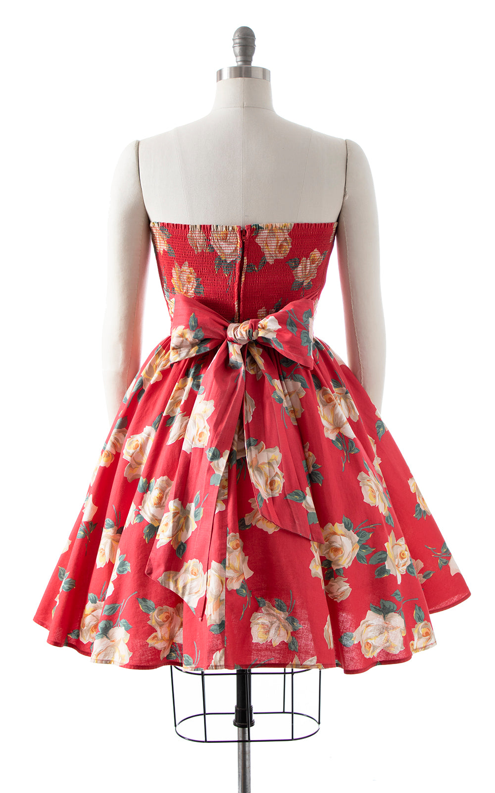 1980s Rose Smocked Strapless Circle Skirt Sundress | small/medium