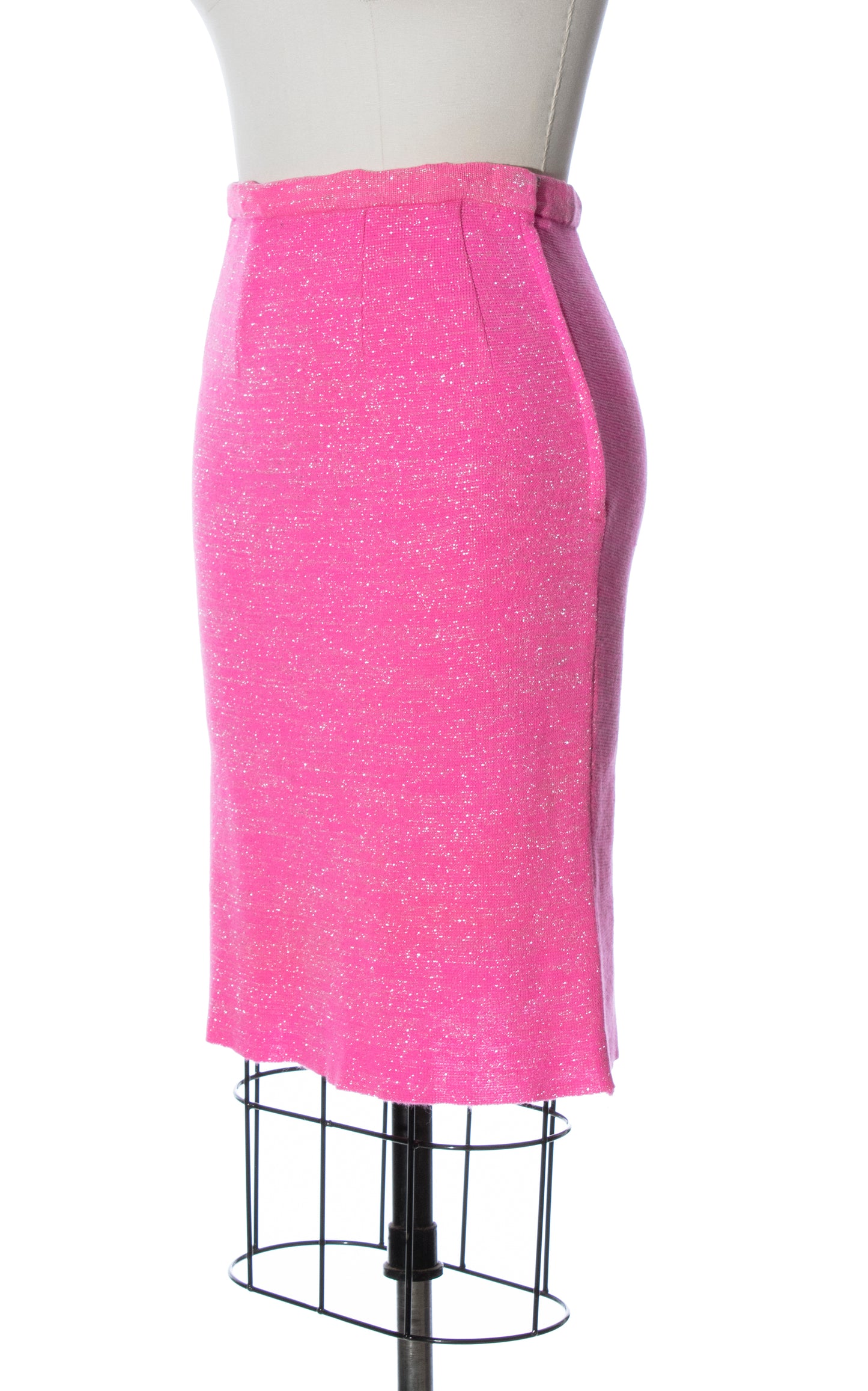 Vintage 60s 1960s Metallic Neon Pink Knit High Waisted Pencil Skirt Birthday Life Vintage