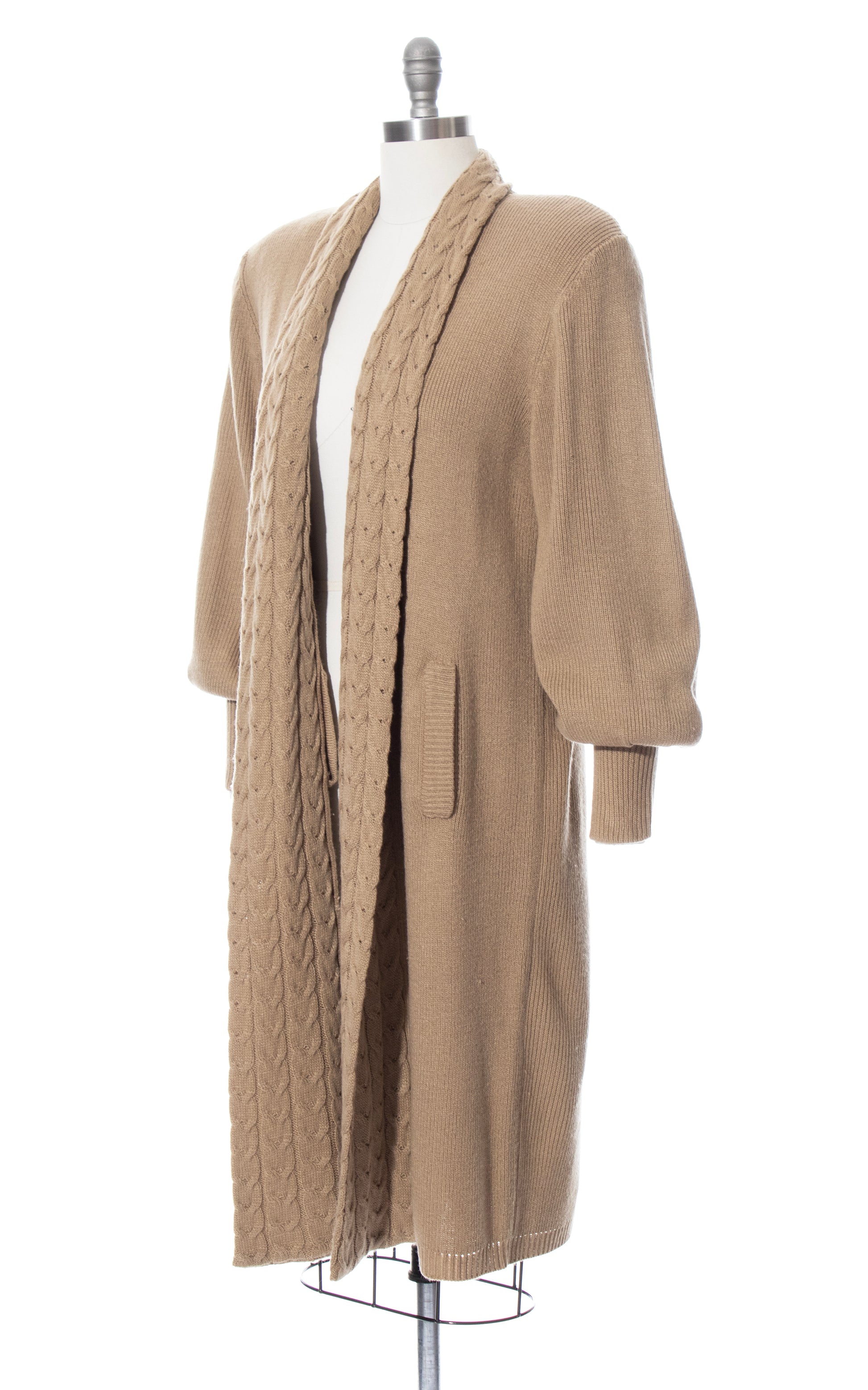 Vintage 80s 1980s Knit Acrylic Long Tan Brown Sweater Coat BirthdayLifeVintage