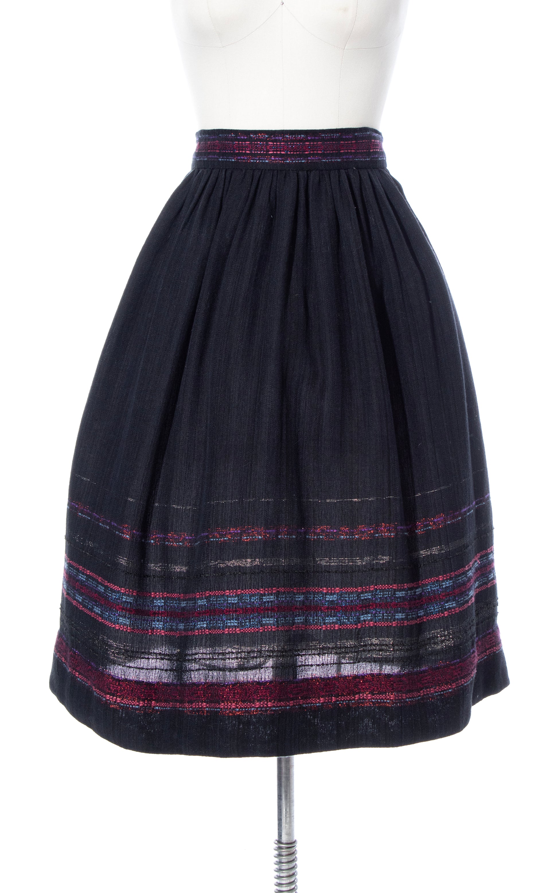 Vintage 60s 1960s Hand-Woven Striped Cotton Black Pink Border Skirt BirthdayLifeVintage