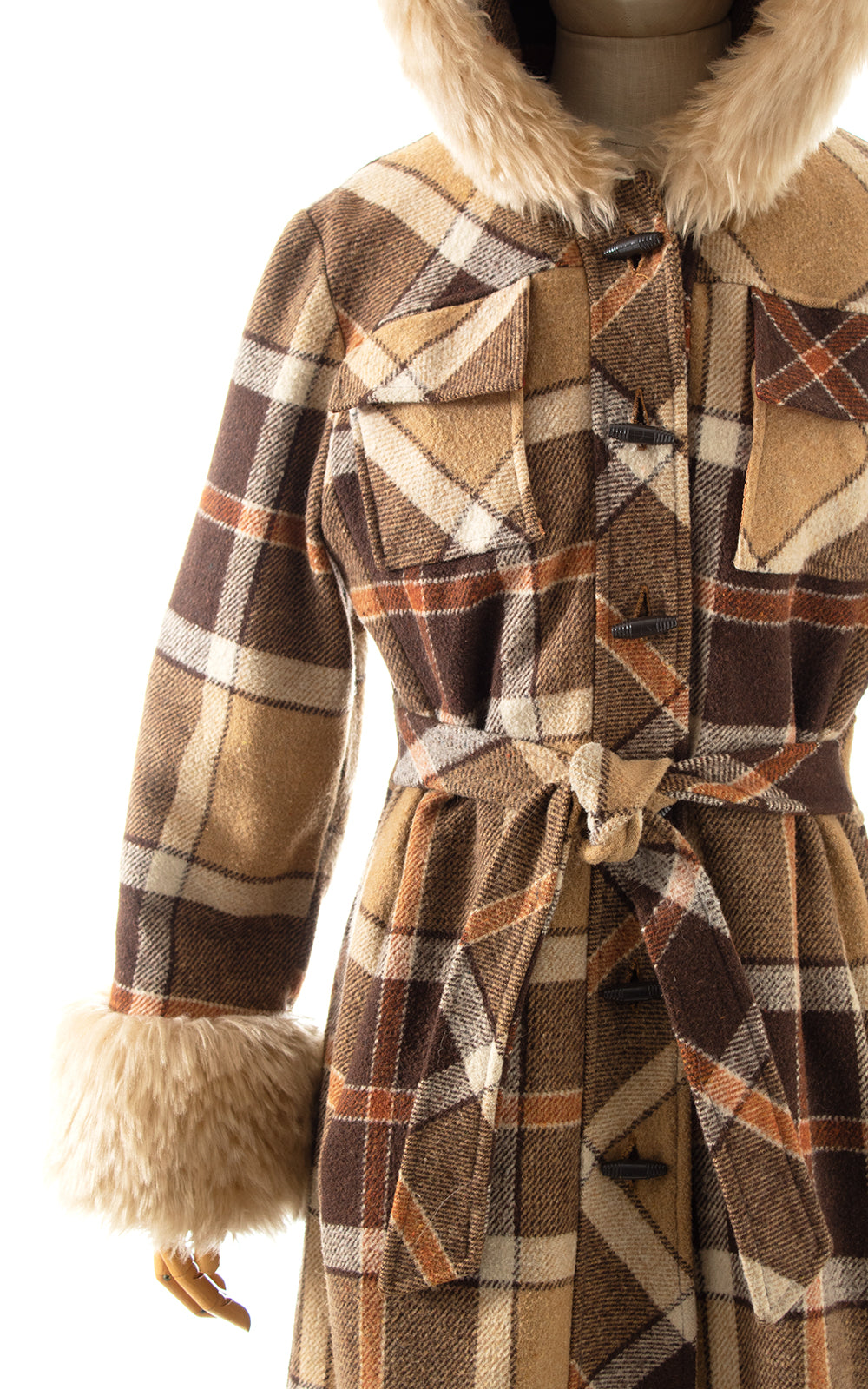 1970s Faux Fur Trim Plaid Hooded Princess Coat | small/medium