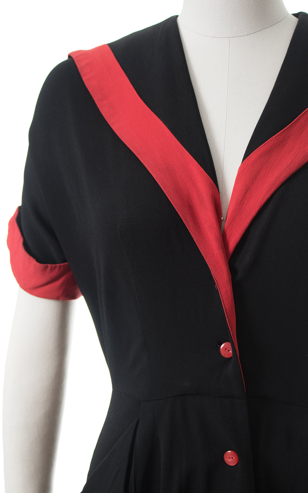 1940s Red Striped Sailor Collar Black Rayon Shirtwaist Dress