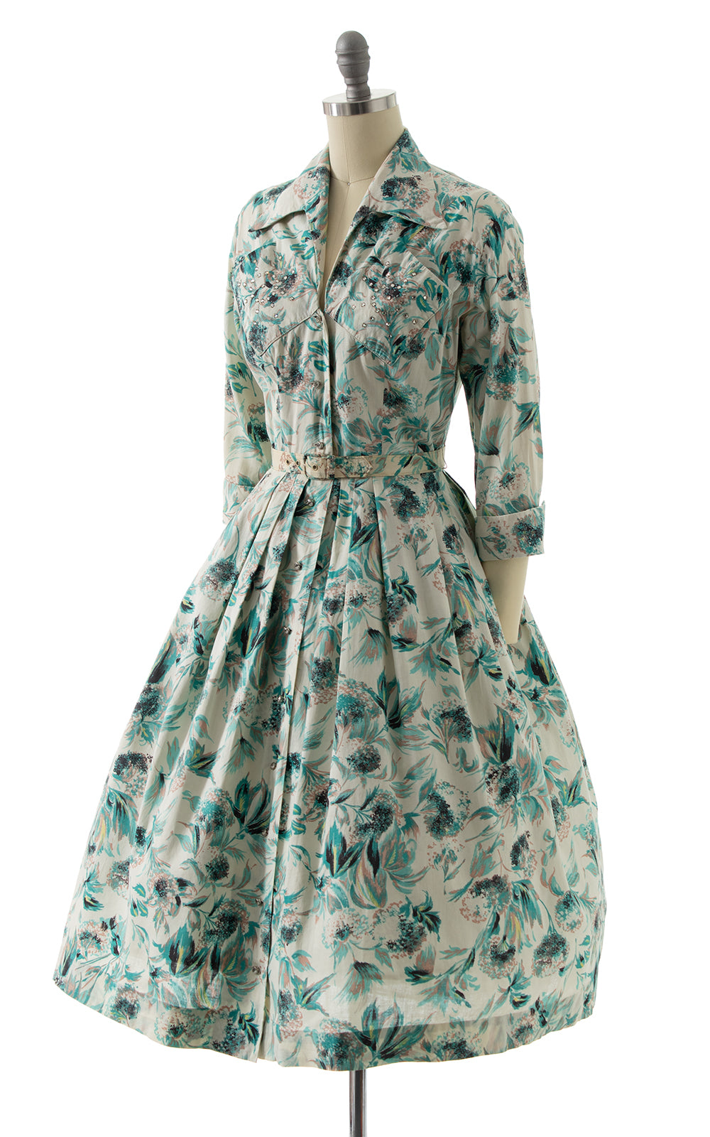 1950s Rhinestone Floral Cotton Shirtwaist Dress BirthdayLifeVintage